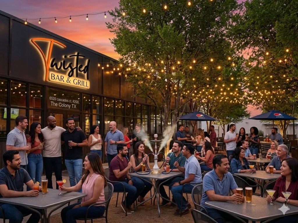 Twisted Bar and Grill patio at sunset with outdoor dining in The Colony, TX